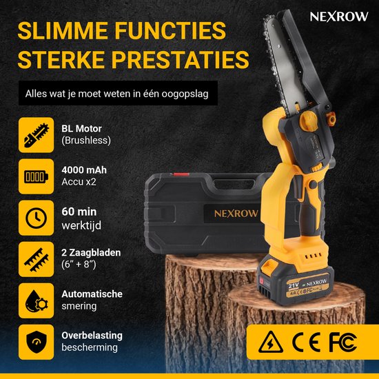 NEXROW® Mini Kettingzaag + Telescopische snoeisteel 2,5m – 6 & 8 Inch Zaagblad – 2x 4000 mAh Accu – Inclusief Oplaadstation & Schuimkoffer – Brushless Motor – Automatische Kettingsmering – Veiligheidskettingrem — afbeelding 2