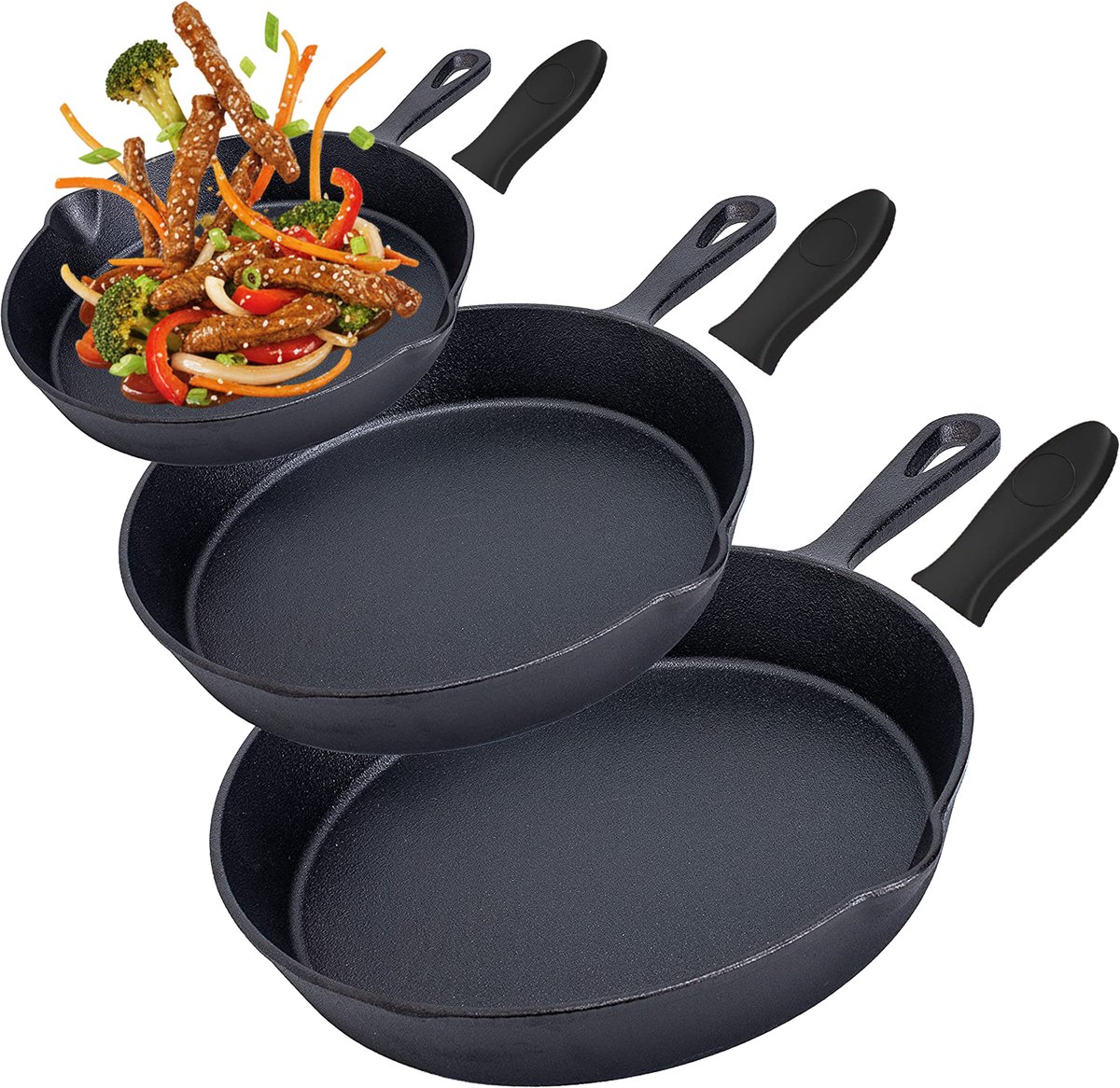 Gietijzeren Koekenpan Set 3-delig – Skillet Set Ø16, Ø19,5 & Ø24,5 cm – Pre-seasoned Gietijzer – Geschikt voor Inductie, Gas, Oven & BBQ – Inclusief Siliconen Handgrepen