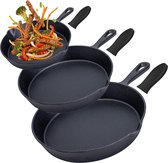 Gietijzeren Koekenpan Set 3-delig – Skillet Set Ø16, Ø19,5 & Ø24,5 cm – Pre-seasoned Gietijzer – Geschikt voor Inductie, Gas, Oven & BBQ – Inclusief Siliconen Handgrepen