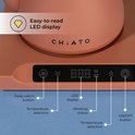 Close-up van het LED-display op de terracotta waterkoker. Toont de functies: knop voor warmhouden, temperatuurselectie, display, status en aan/uit.