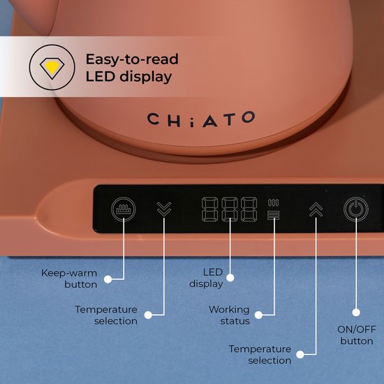 Close-up van het LED-display op de terracotta waterkoker. Toont de functies: knop voor warmhouden, temperatuurselectie, display, status en aan/uit.