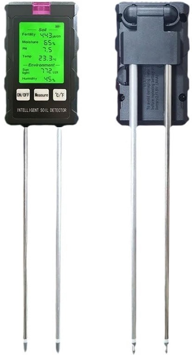 Ensemble de test de sol 6 en 1 - Testeur de pH du sol - Humidimètres - Humidimètre pour plantes - Testeur d'humidité du sol - Testeur de pH - Testeur d'intensité lumineuse - Testeur de fertilité - Écran LCD - Hygromètre - Zwart