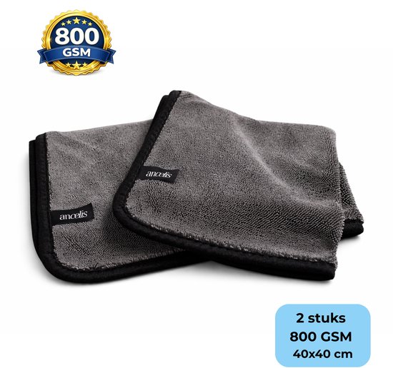 Deux lingettes de séchage en microfibre grise 800 GSM, 40x40 cm. Avec étiquette 800 GSM.