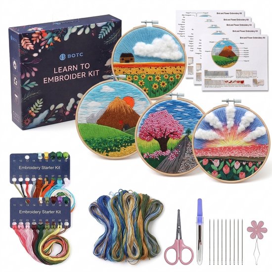 BOTC Borduurpakket Bloemen - Borduurset van 4 - Borduurpakketten voor Volwassenen - Hobby en Creatief - Borduren