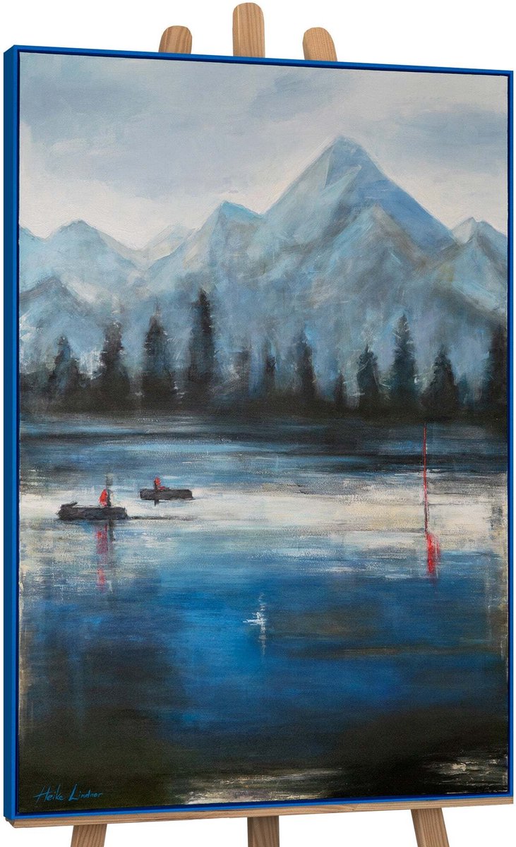 YS Canvas schilderij 140x100 cm handgeschilderd boshorizonten natuur woud – YS-Art Gallery – Rustgevende wanddecoratie voor woonkamer – Modern schilderij voor slaapkamer Blue