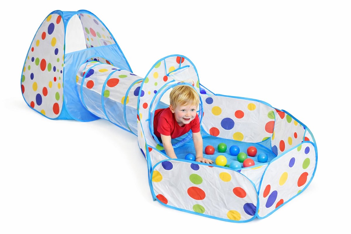 Goodz4All Blauwe Tunneltent 3-in-1 Speeltent Pop Up Tent met Ballenbak en Tunnel Kruiptunnel met 15 Ballen Kinderen Popup – Kindertent Speelhuisje met Speeltunnel en Ballenbad en 15 Ballenbakballen Pop-Up Tenten