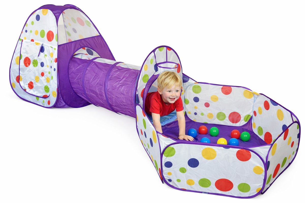 Paarse 3-in-1 Pop-Up Speeltent Met Tunnel - Kruiptunnel - Speelgoed Speelhuis Tent Kindertent