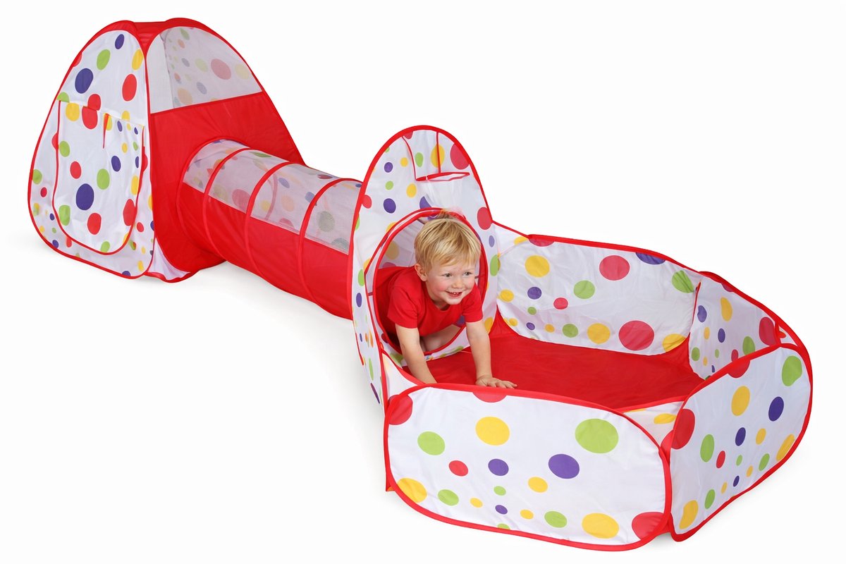 Goodz4All Rode Tunneltent 3-in-1 Speeltent Pop Up Tent met Ballenbak en Tunnel Kruiptunnel Kinderen– Kindertent Speelhuisje met Speeltunnel en Ballenbad Popup Pop-Up Tenten