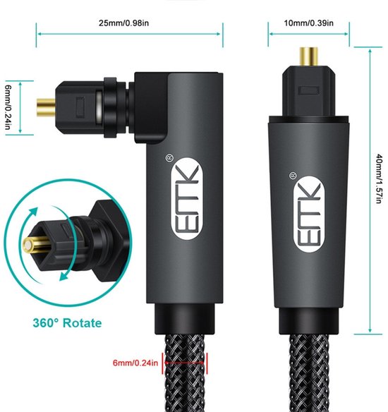 Afmetingen van de zwarte optische audiokabel met 90-graden connector. De kabel is 25mm breed en de connector 10mm.