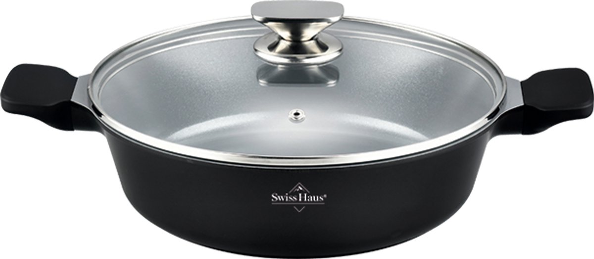 Swiss Haus® BLC28B Hapjespan Inductie met Deksel - Ø 28 cm / 3.7 Liter - PFAS Vrij - Hapjespannen Voor Alle Warmtebronnen - Braadpan Met Sapphire™ Antiaanbaklaag - Zwart