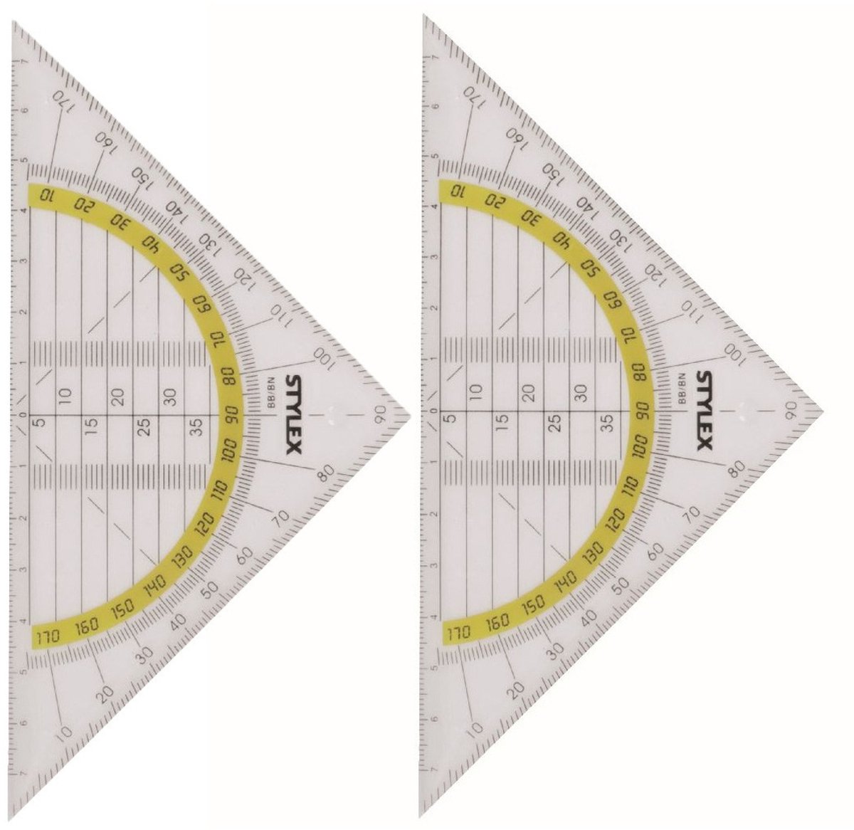 Stylex Geodriehoek - 2x - met liniaal en gradenboog - kunststof - 14 x 9 cm -