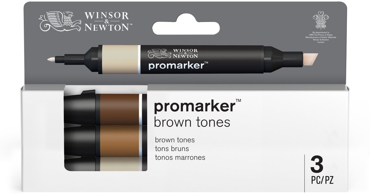 Winsor & Newton 0290184 Promarker Set 3 stuks – Brown Tones – Alcoholmarkers met dubbele punt