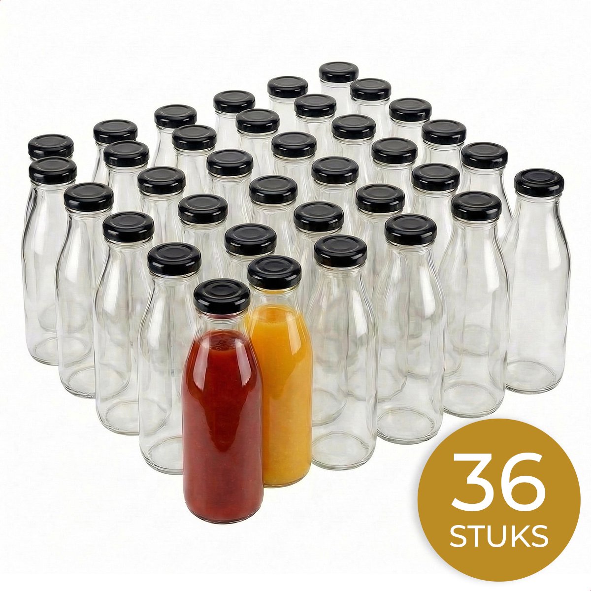 Glasverpakkingen® Sapfles 250ml - 36 Stuks - Glazen Flesjes met Dop - Hervulbaar - Smoothie Fles - Sausfles - Sapflesjes Herbruikbaar - Zwarte Dop