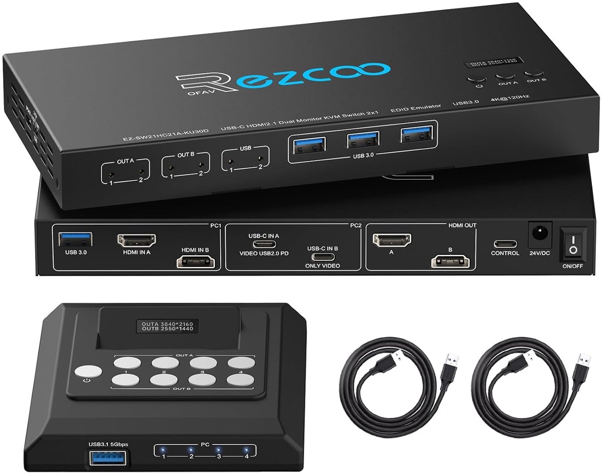 Dual Monitor KVM Switch - 2 Computer Delen - Productiviteit Verhoging - 4K 120Hz HDR - 20x18x3 cm - Zwart
