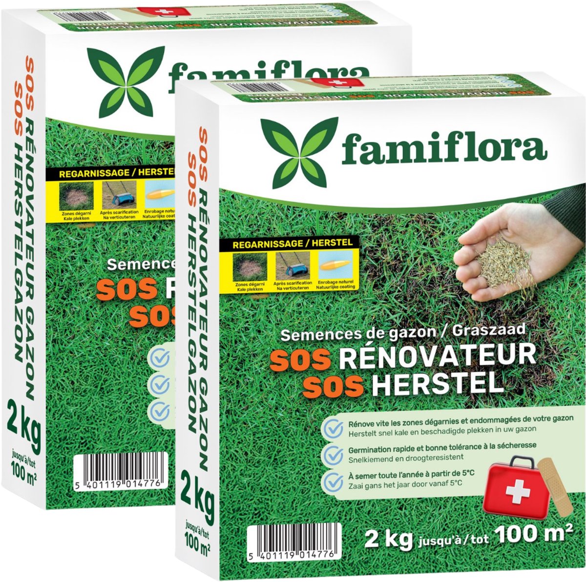 Famiflora graszaad 4kg tot 200m² (2 x 2kg) - SOS herstelgazon - Herstelt snel kale plekken voor een egaal gazon - Geen omspitten nodig bespaart tijd en moeite - Zaai vanaf 5°C voor vroeg resultaat