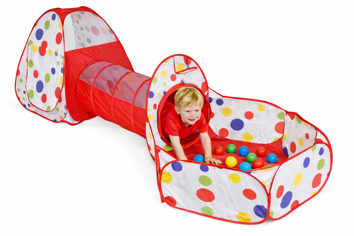 Goodz4All Rode Tunneltent 3-in-1 Speeltent Pop Up Tent met Ballenbak en Tunnel Kruiptunnel met 15 Ballen Kinderen Popup – Kindertent Speelhuisje met Speeltunnel en Ballenbad en 15 Ballenbakballen Pop-Up Tenten