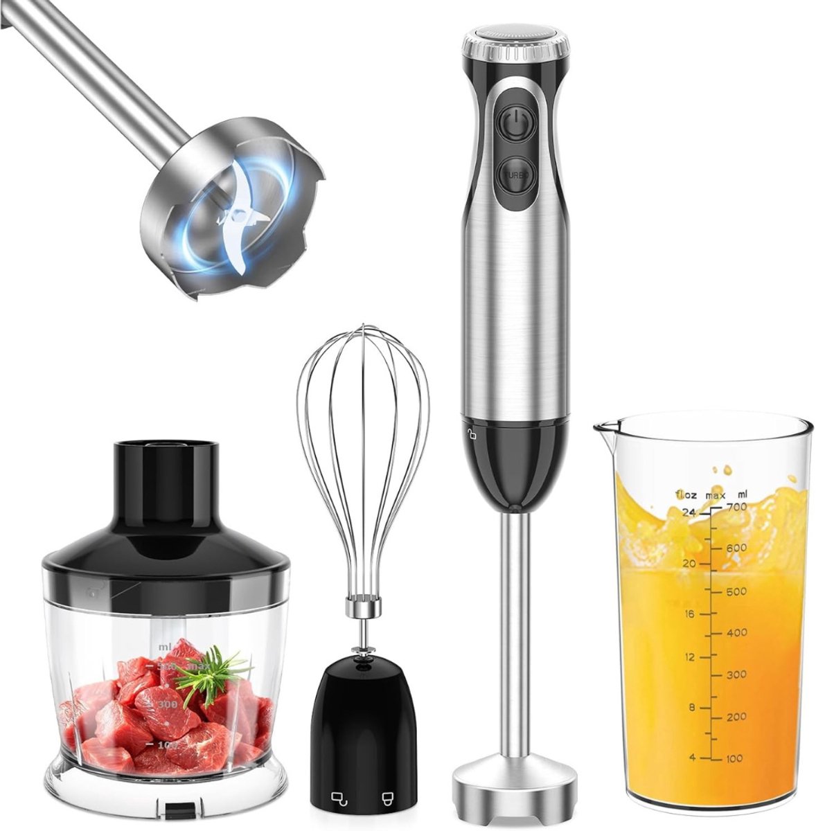 SVN® Staafmixer Set - 4-in-1 Handmixer 1000Watt - Hakmolen Roestvrij Staal – Handblender met Turbo – Zwart - 7cm x 7cm x 37cm; 1.24 kg