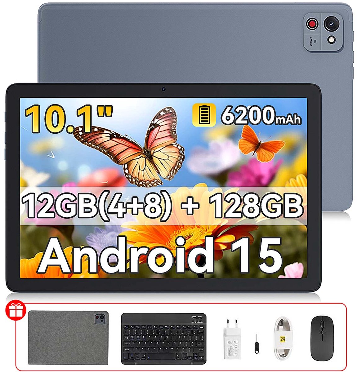 Tablet - CUBOT TAB 65 - 12GB RAM 128GB ROM - 10,1 inch - Android 15 - 6200 mAh - Wi-Fi Dual Band - GPS - Met Toetsenbord(QWERTY), Beschermhoes, Muis - Grijs