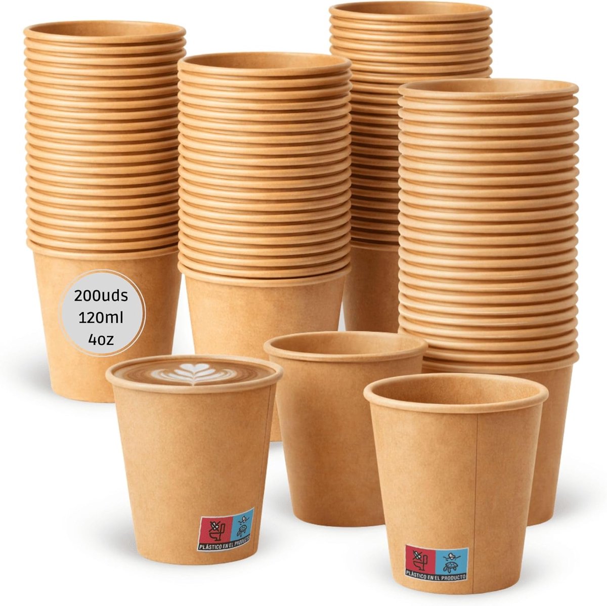 Wegwerp Koffiebekers - Papieren Bekers - Horeca Gebruik - Hoge Grammage Warmtebestendig - 120 ml 200 Stuks - Kraft