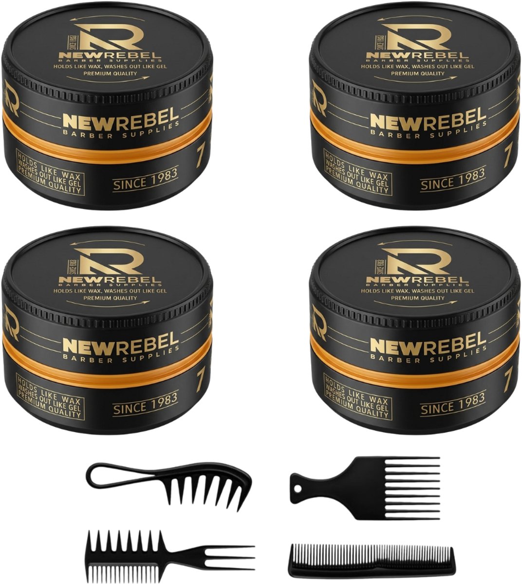New Rebel Haarwax One Million – Sterke Hold – Matte/Styling Wax – 4 Potjes (600 ml totaal) + 4 Stylingkammen – Professionele Haarstyling