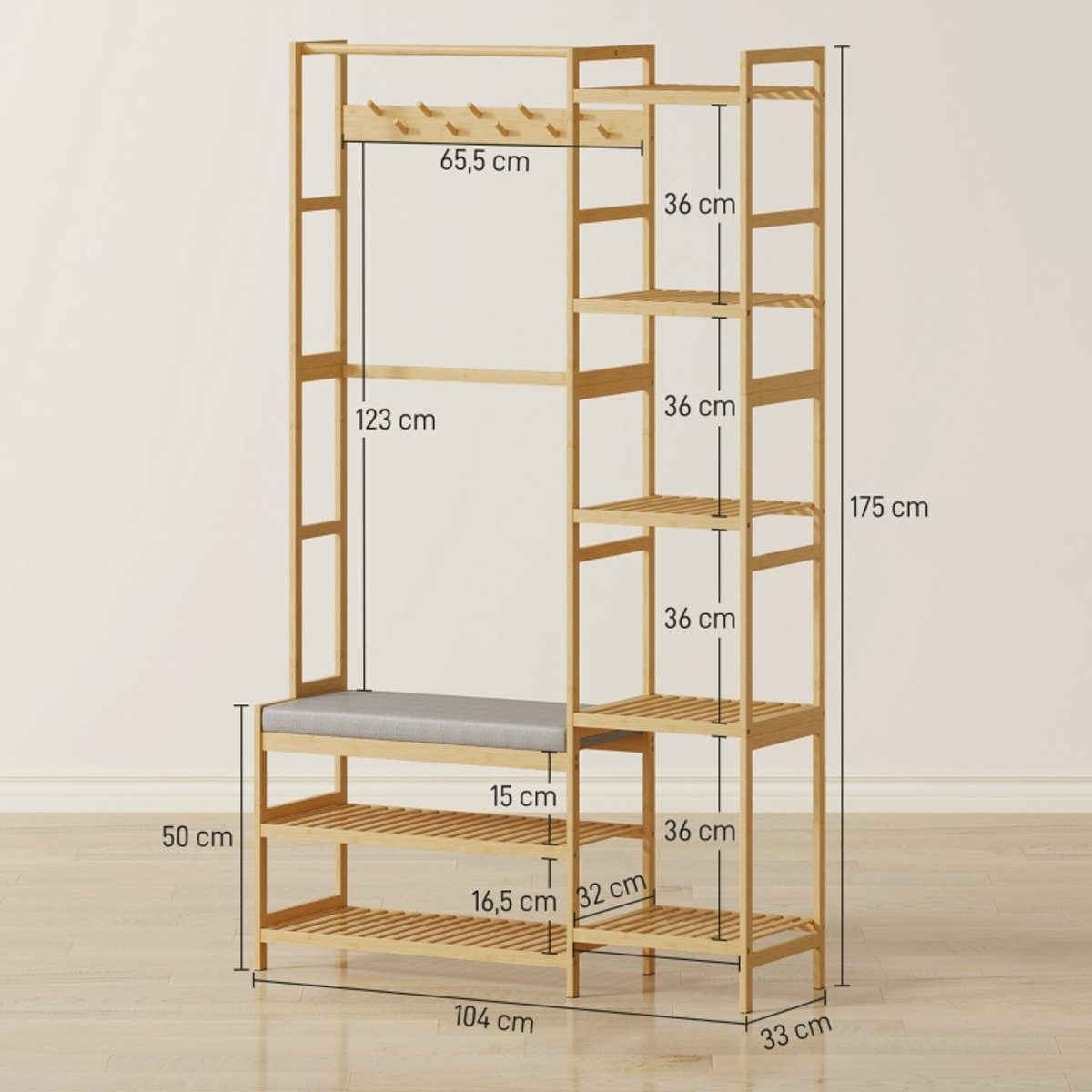 MODFU Luxe 5-in-1 Kapstok met Zitbank - Bamboe Garderoberek met Schoenenrek & 5 Zijplanken - Halmeubel - Naturel – foto 4