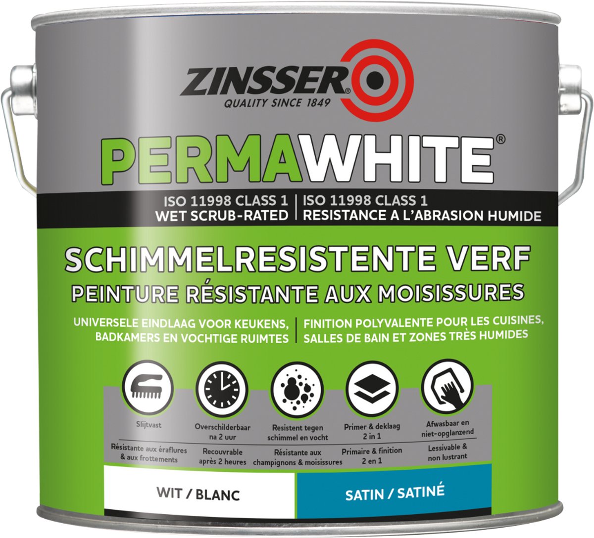 Zinsser Permawhite Zijdeglans 2,5 liter - Anti Schimmel Verf