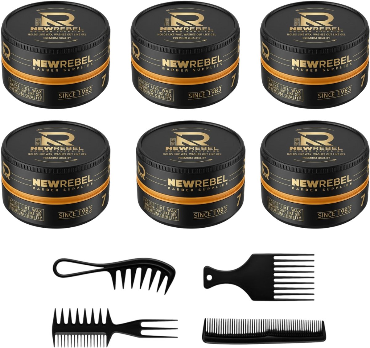 New Rebel Haarwax One Million – Sterke Hold Wax – Makkelijk Uitwasbaar – 6x Haarwax (900 ml totaal) + 4 Stylingkammen – Professionele Haarstyling