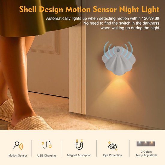 Nachtlampje met bewegingssensor - sensorlamp - LED nachtlamp - USB oplaadbaar - draadloos magnetisch - 3 kleurstanden - auto/altijd aan - schelpvorm wandlampje - wit - grote batterij van Merkloos — afbeelding 4