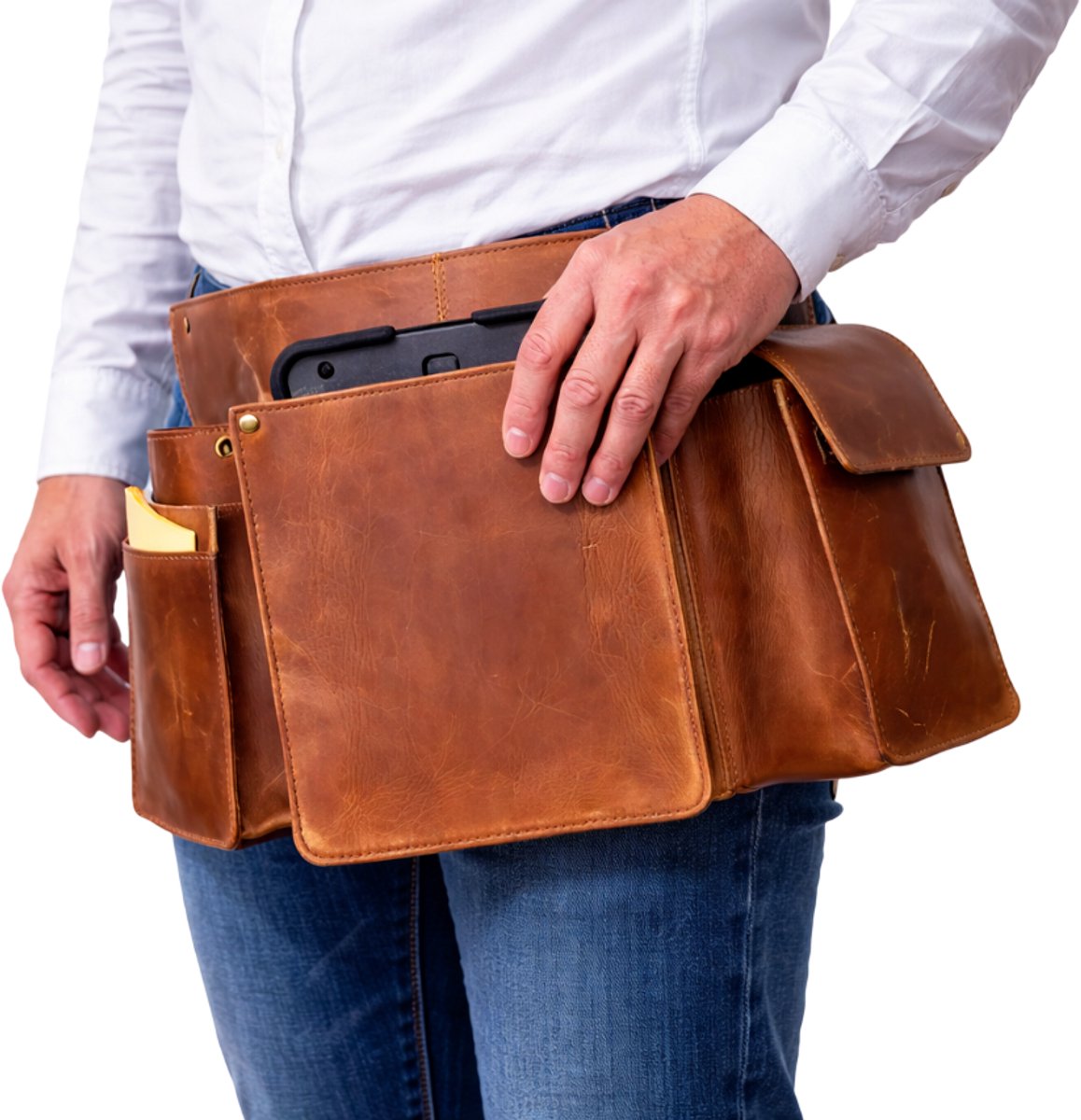 Heupschort 3-delig links voor IPad, pin-divice en horeca portemonnee Cognac 6623C