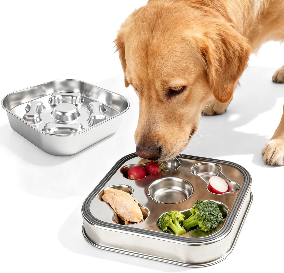 Anti-schrokbak Hond - Voerbak RVS - Langzaam Eten - Gestructureerd Oppervlak - 21.5 x 21.5 x 4cm - Zilver
