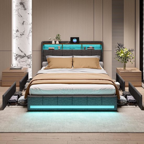 Tweepersoonsbed – Bedframe – Boxspring – Ledikant – Opbergbed – 160 x 200 cm – Fluwelen Bekleding – USB Oplaadfunctie Met LED-verlichting