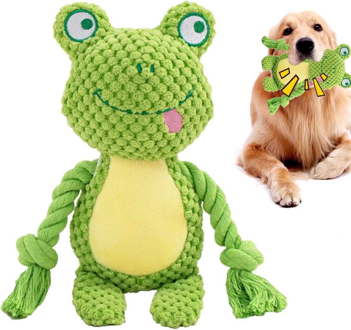 Hondenspeelgoed Touw - Kauwspeelgoed Bijt - Stressverlichting Hond - Met Piepfunctie - 24cm Lengte - Kikker
