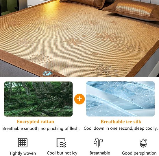 Opvouwbare Koelmat - Zomer Bedmat - Koel Slapen - Natuurlijk Rotan & IJszijde - 150x200cm - Naturel — afbeelding 3