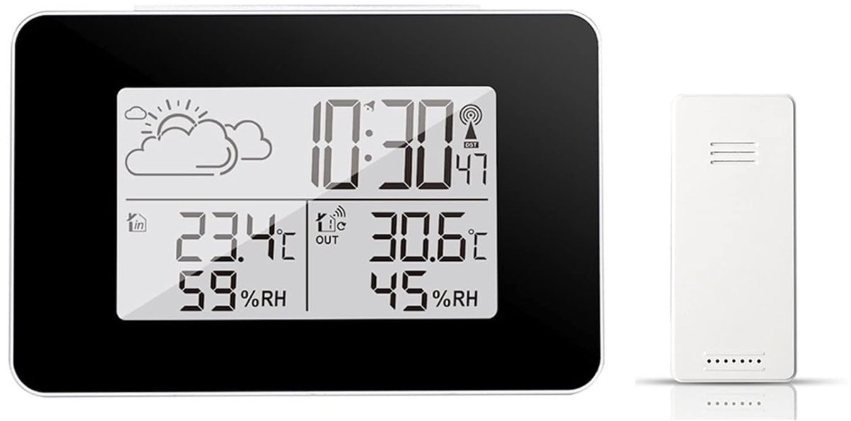 Weerstation Binnen Buiten - Weerklok Digitale Monitor - Thuis Gebruik - Draadloze Buiten Sensor - Temperatuur Luchtvochtigheid - Nero