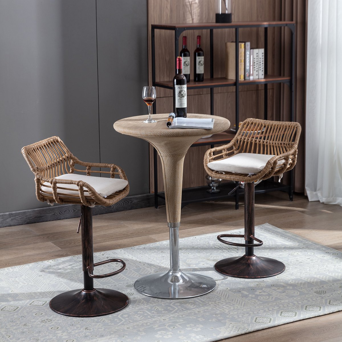 MODFU Luxe Boho Barkrukken (Set van 2) - Ibiza Style Rotan Look - In Hoogte Verstelbaar voor Kookeiland - Beige