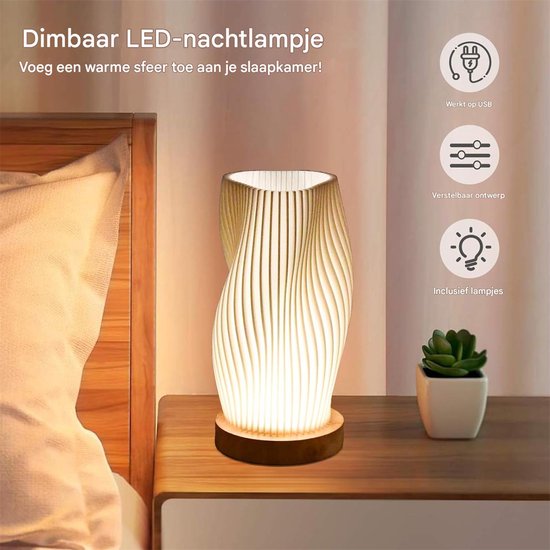 QTTVBTNA -Nachtlamp - LED Nachtlicht - USB-oplaadbare tafellamp - 3D-geprinte dimbare nachtlamp met houten voet, geschikt voor nachtkastjes in de slaapkamer, bruiloften, feesten, evenementen op het terras, binnen- en buitenlocaties - 11*20.5cm van QTTVBTNA — afbeelding 3