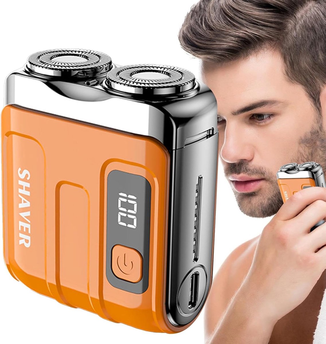 Elektrische Scheerapparaat voor Mannen - Snel Scheerapparaat met Slim Digitaal Display - Oplaadbare Baardtrimmer - Compact en Draagbaar voor Thuis en Reizen - 53x28,5x63 mm - Oranje