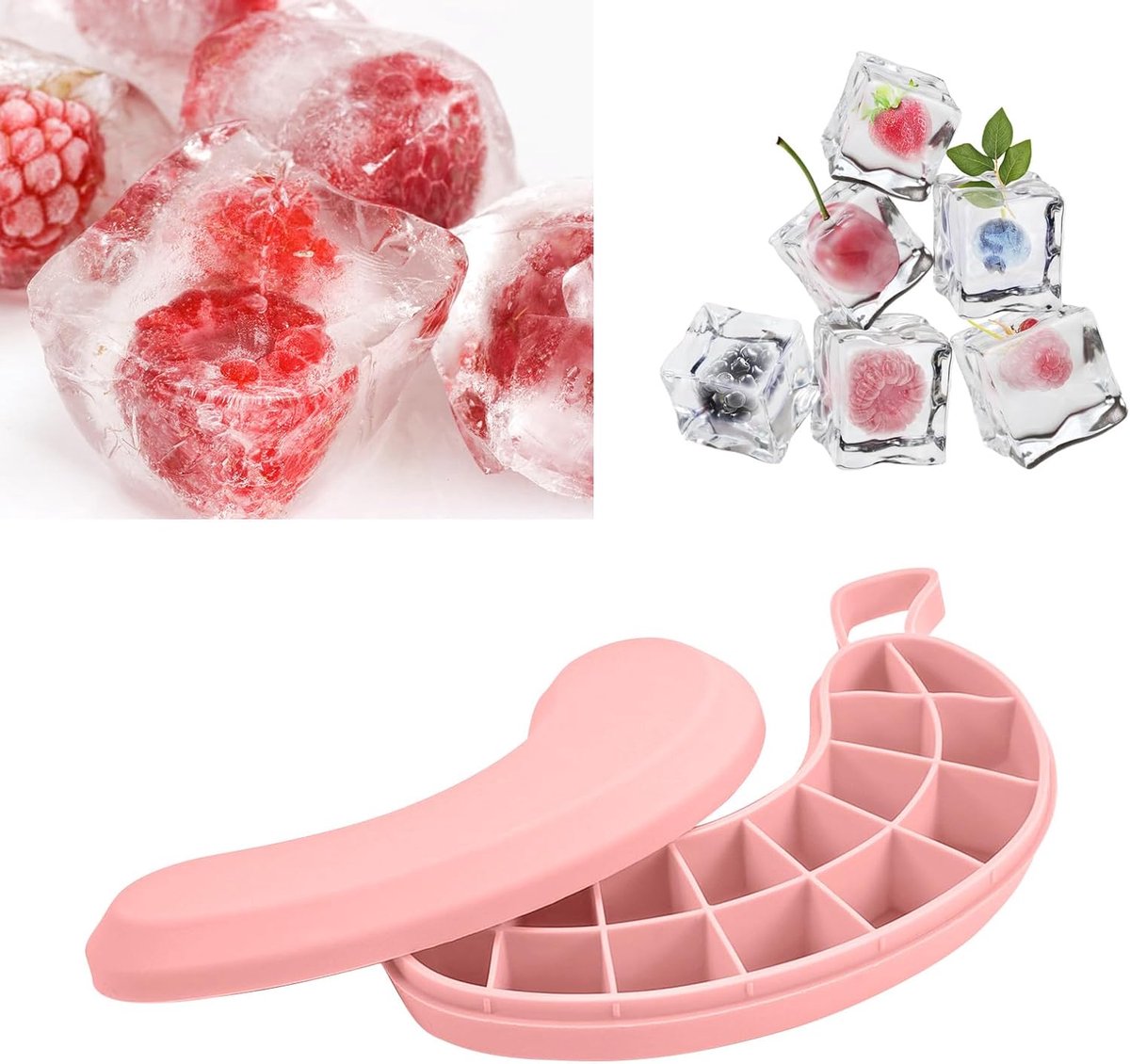 2er Pack siliconen ijsblokjesbakjes voor vriezer met deksel, kleine ijsblokjesvormen ananas banaan fruitvorm, ijsbakken met hoezen voor cocktails, whisky koffie (roze banaanvorm)