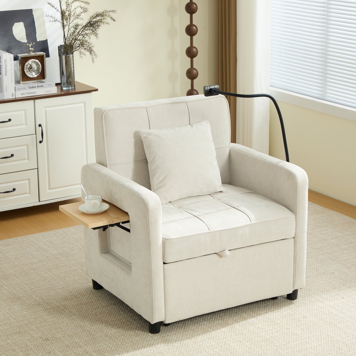 MODFU Slaapfauteuil - 2-In-1 - Verstelbare Rugleuning - Modern - Chenille - Beige - 167 X 79 X 83 Cm