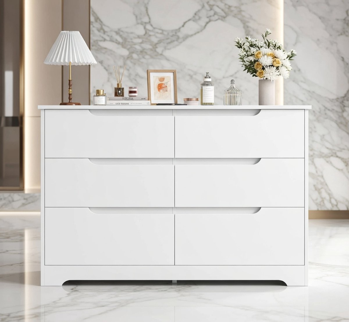 Moderne Witte Commode met 6 Lades – Ladekast Dressoir Opbergruimte voor Slaapkamer, Woonkamer, Hal, Scandinavisch Design – MDF 105x71x40 cm Novihome