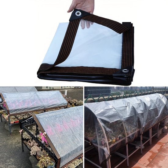 Gevouwen doorzichtige tarp met bruine randen en ringen, en drie beelden van plantenkassen bedekt met transparante hoezen.