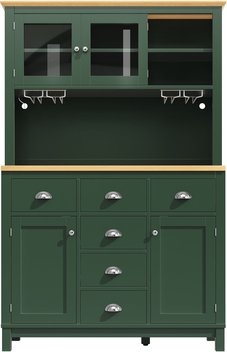 Zijboard / Opbergkast / Keukenkast / Buffetkast, 104x40x180 cm, landelijke stijl, 4 deuren, met LED-lichtstrip & drankhouders, groen
