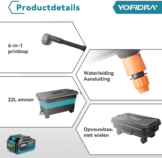 Yofidra Accu Hogedrukreiniger - 50 bar Hogedrukreiniger - met 2 accu's en 22L Opvouwbare emmer - Mobiele Terrasreiniger - Hogedrukspuit - Voor Auto, Vloerreiniging van Yofidra — afbeelding 4