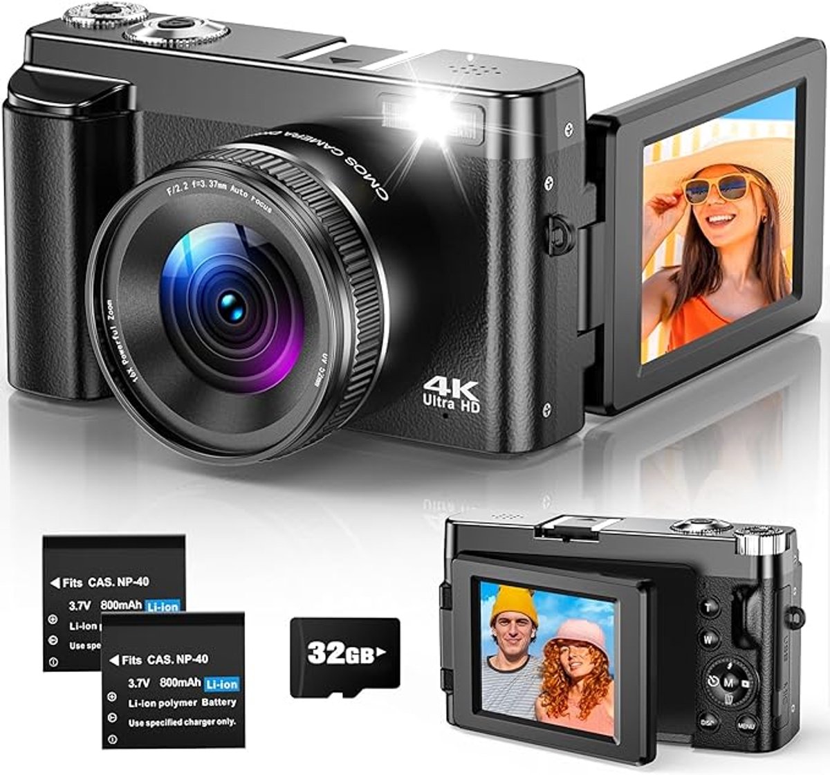Digitale Camera 4K 48MP – Vlogcamera 180° Flip-Scherm – Autofocus – 16x Zoom – 2 Batterijen & 32GB Inbegrepen
