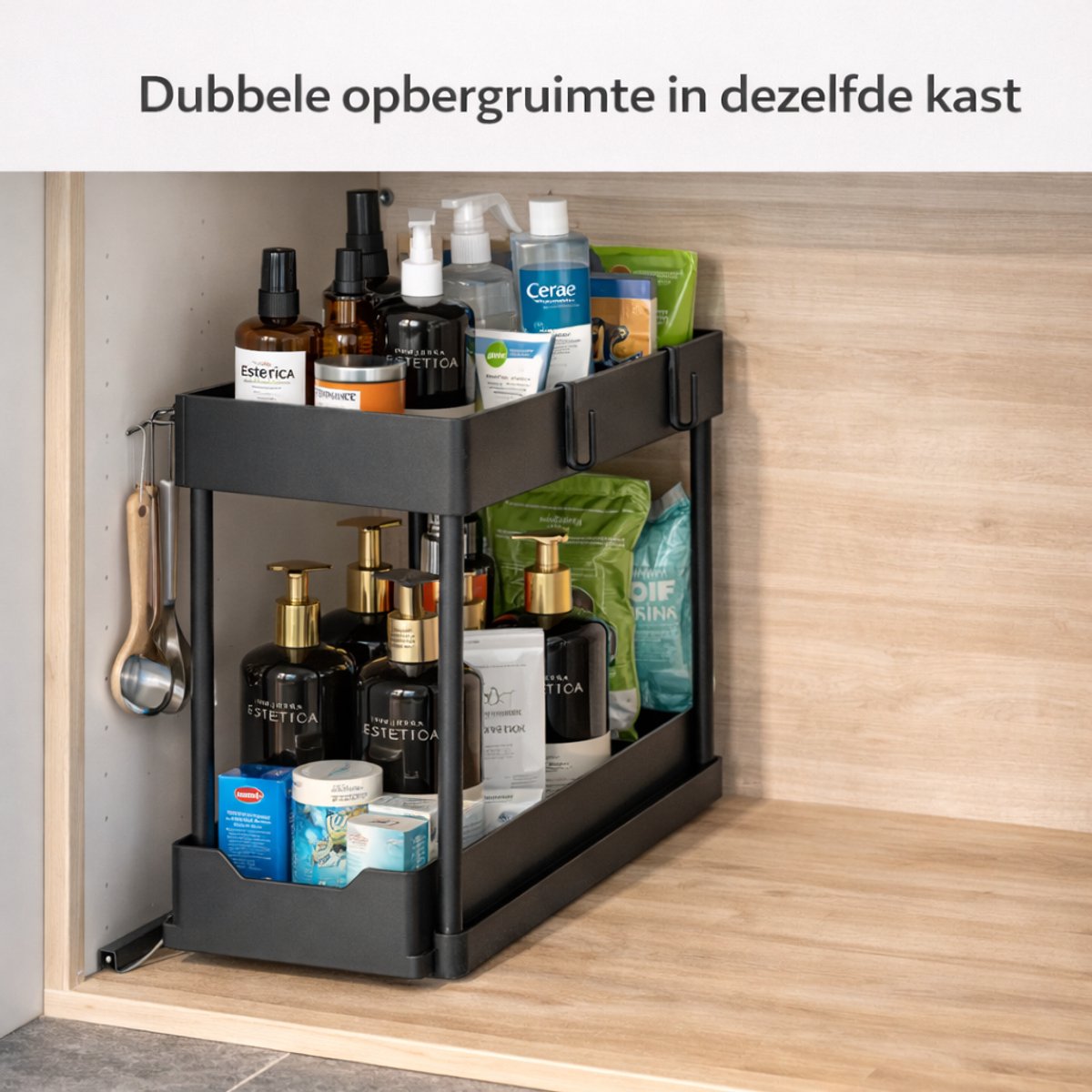 Joyage Keukenkast Organizer uitschuifbaar - Schuiflade Keukenkast - Aanrecht Organiser – Keuken Organizers - Kast Organizer - Kitchen Organizer Lade Organizer Zwart - Under sink Organizer - Gootsteenkast Organizer Keukenrek - Badkamer organizer — cadeau in Cadeau-ideeën - foto 2