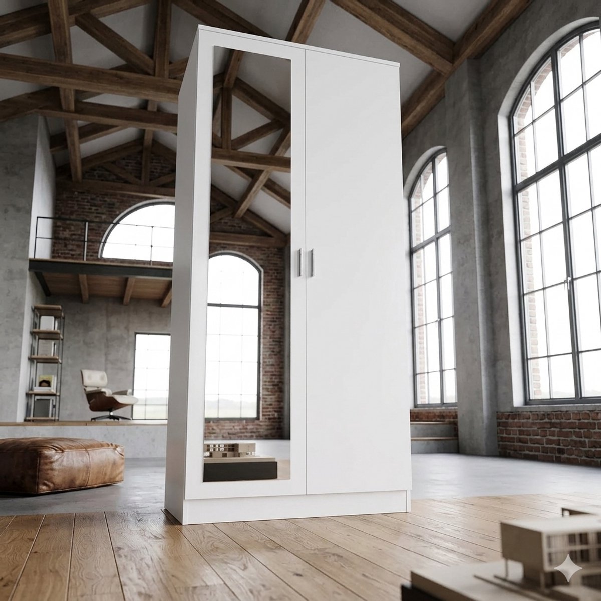 Moderna Mirror Luxe Kledingkast met Spiegeldeur 180 cm – 2 Deurs Garderobekast met Kledingstang en Softclose – Moderne Slaapkamerkast met Spiegel en Opbergruimte Wit 76 x 47 x 180 cm – novihome