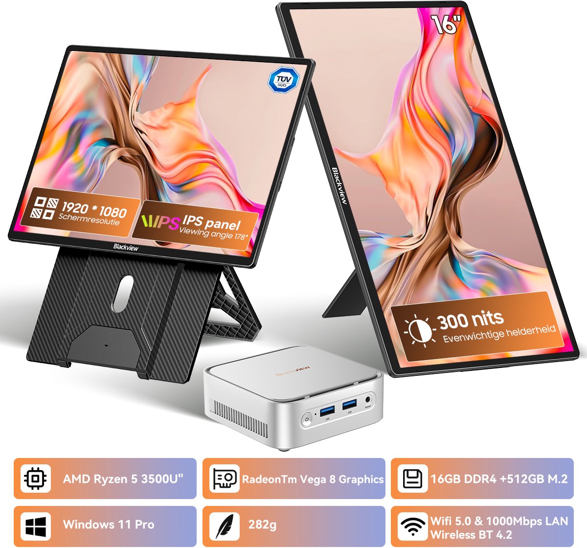 Blackview MP50 Mini PC + Table 9 Draagbare Monitor Set - 16GB DDR4 512GB SSD - AMD Ryzen 5 3500U - Windows 11 Pro - 16 Inch FHD Draagbaar Scherm - WiFi 5 Gigabit Ethernet - Toetsenbord Muis - Zilver