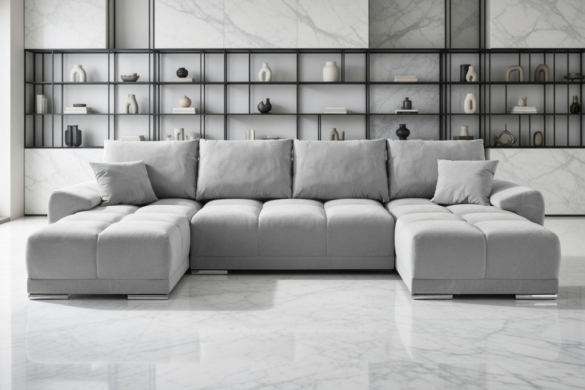 Warren Luxe Hoekbank met Slaapfunctie – 3-Zits Slaapbank met Opbergbox, Verstelbare Hoofdsteunen & Omkeerbare Chaise Longue – Grijs/Zwart Stof & Imitatieleer House&Garden