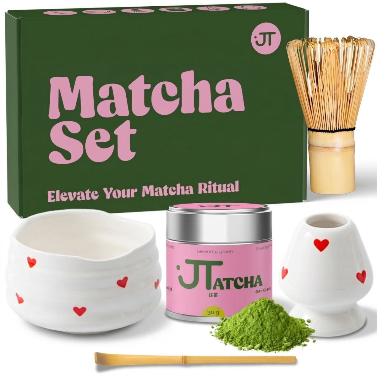 JT Products Matcha Set - Matcha Poeder - Inclusief E-book - Matcha Thee - Matcha Klopper - Matcha Starterkit - Matcha Kom - Matcha Whisk - Matcha Accessoires - Cadeaupakket Vrouwen - Cadeau Vrouw - Geschenkset