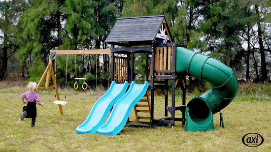 AXI Cody Speeltoestel met Schommels, Trapeze en Klimwand - Groene Dubbele Glijbaan – Met Buisglijbaan – Met Picknickbank - FSC 100% hout – Speeltoren voor de tuin / buiten